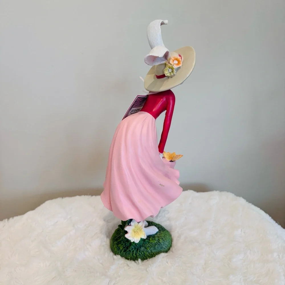 Elegant Girl Bunny Rabbit Figurine In Pink Flowing Dress 13.5” Tall Summer NWT